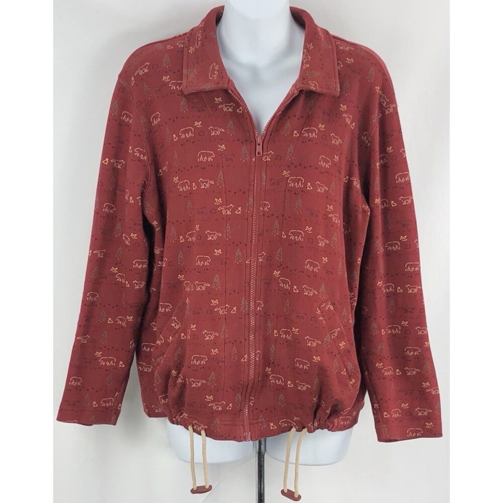 Christopher Banks ZipUp Jacket L Maroon Bears Wildlife Cabin cottage outdoors